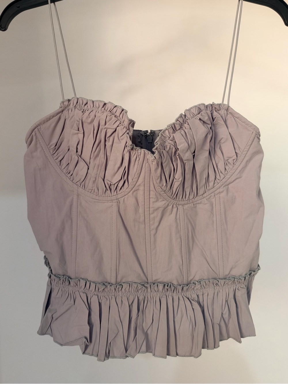 Ruched Gray Bustier Top with Ruffle Hem